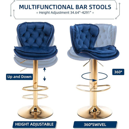 2x Sydney Velvet Bar Stools – Adjustable Height & 360° Swivel, Navy Blue/Gold