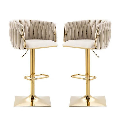 Ivory Velvet Swivel Bar Stools – Adjustable Height, Gold Base, 2-Pack