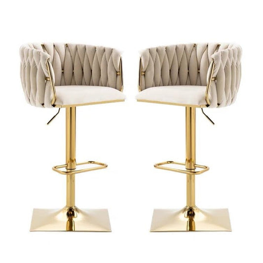 Ivory Velvet Swivel Bar Stools – Adjustable Height, Gold Base, 2-Pack