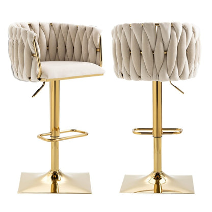 Ivory Velvet Swivel Bar Stools – Adjustable Height, Gold Base, 2-Pack