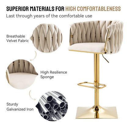 Ivory Velvet Swivel Bar Stools – Adjustable Height, Gold Base, 2-Pack