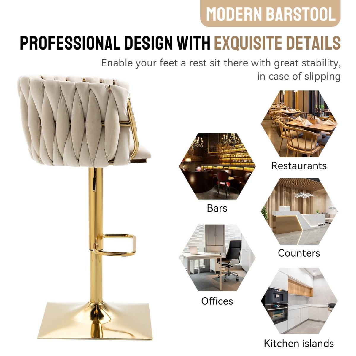 Ivory Velvet Swivel Bar Stools – Adjustable Height, Gold Base, 2-Pack