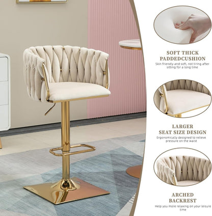 Ivory Velvet Swivel Bar Stools – Adjustable Height, Gold Base, 2-Pack