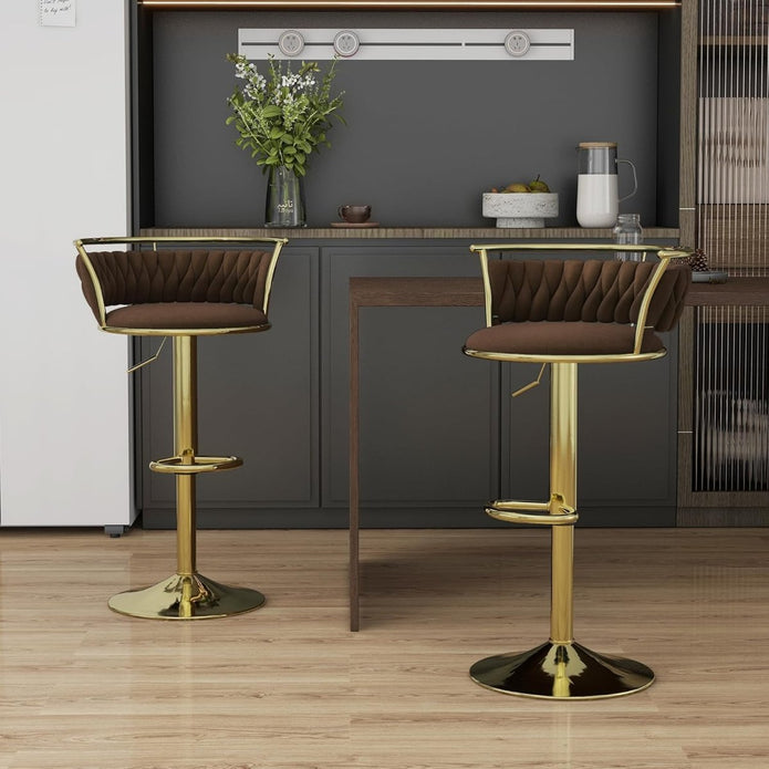 2x Canberra Adjustable Velvet Bar Stools – Coffee/Gold
