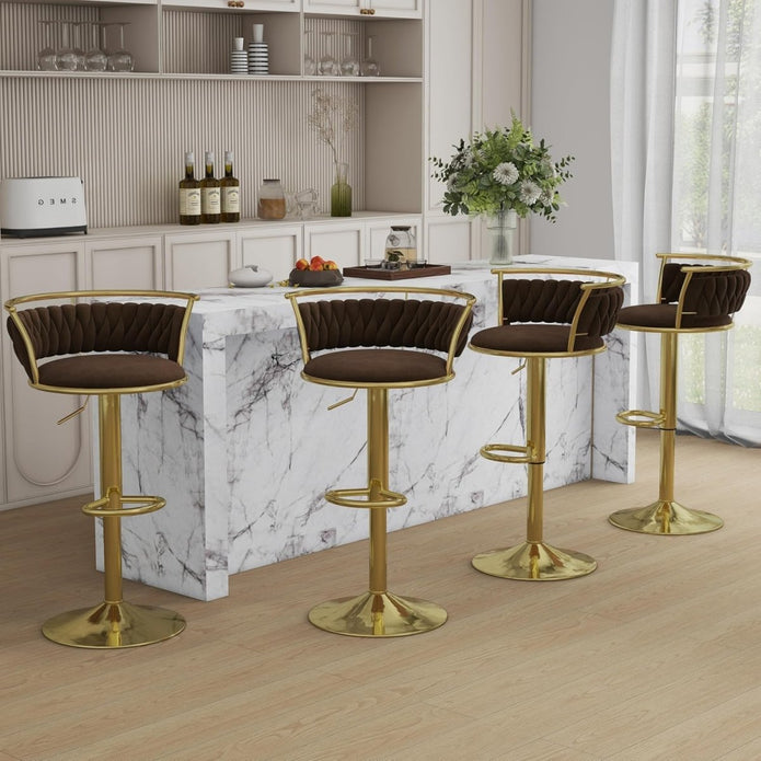 2x Canberra Adjustable Velvet Bar Stools – Coffee/Gold