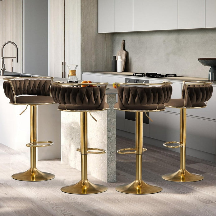 2x Canberra Adjustable Velvet Bar Stools – Coffee/Gold