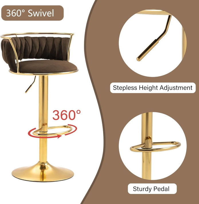 2x Canberra Adjustable Velvet Bar Stools – Coffee/Gold