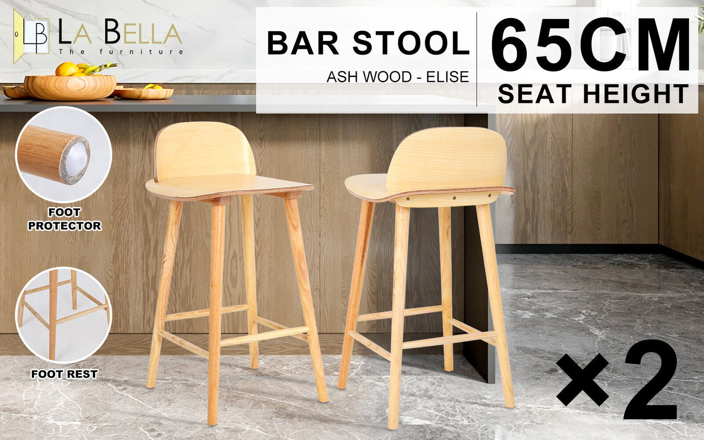 La Bella Elise Ash Wood Bar Stools – Set of 2, 65cm