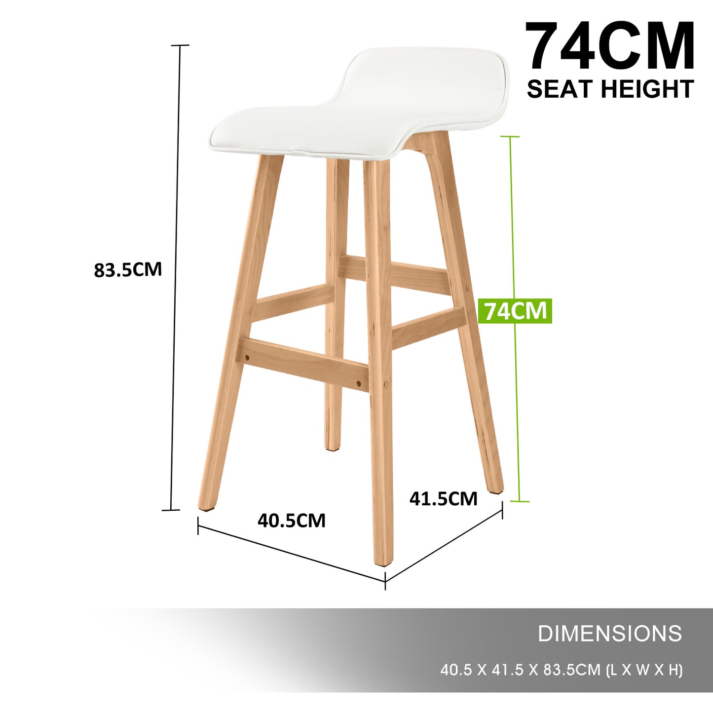 Harbour 2-Piece Wooden Bar Stools – White PU Leather, 74cm