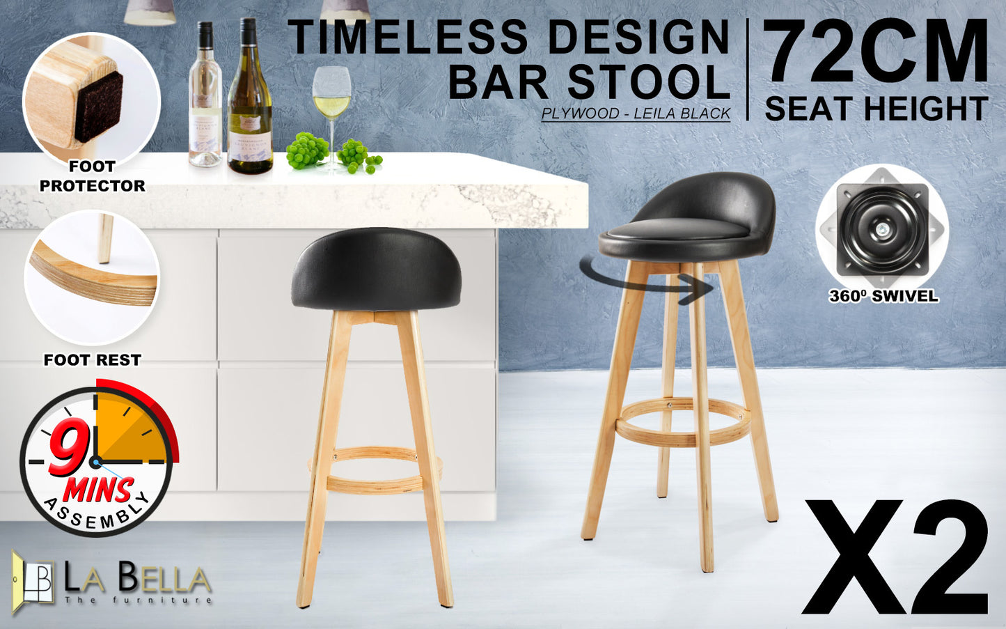 Sunset 2-Piece Wooden Bar Stools – Black PVC Leather, 72cm