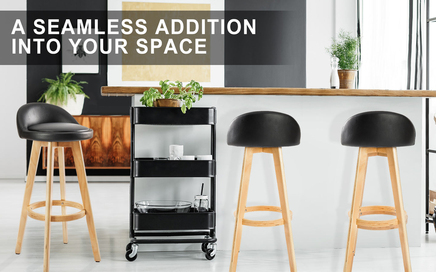 Sunset 2-Piece Wooden Bar Stools – Black PVC Leather, 72cm