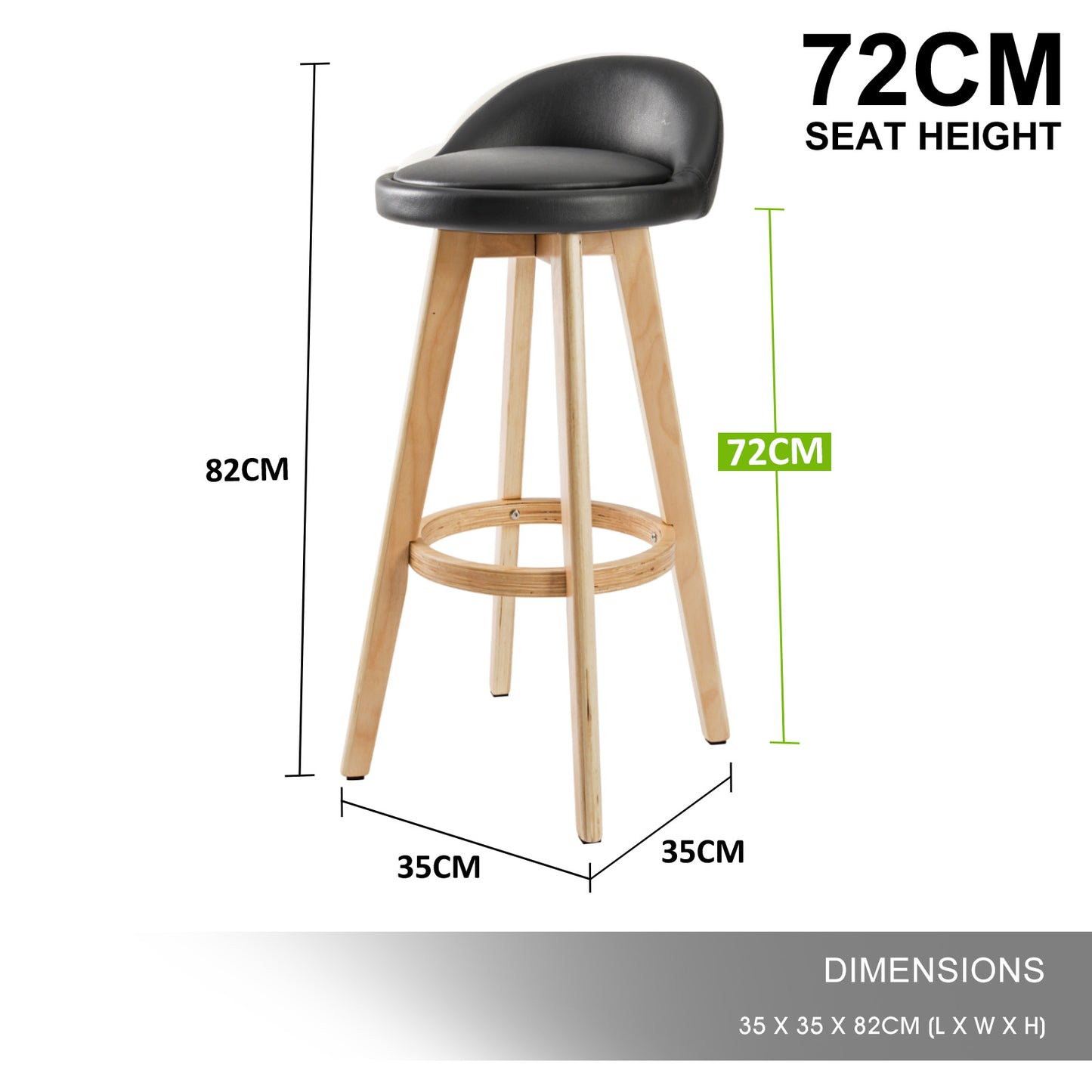 Sunset 2-Piece Wooden Bar Stools – Black PVC Leather, 72cm