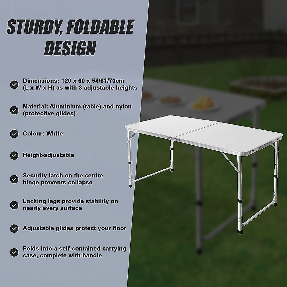 <p><strong>120 x 60cm Aluminium Folding Table with Adjustable Heights</strong></p>