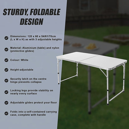 <p><strong>120 x 60cm Aluminium Folding Table with Adjustable Heights</strong></p>