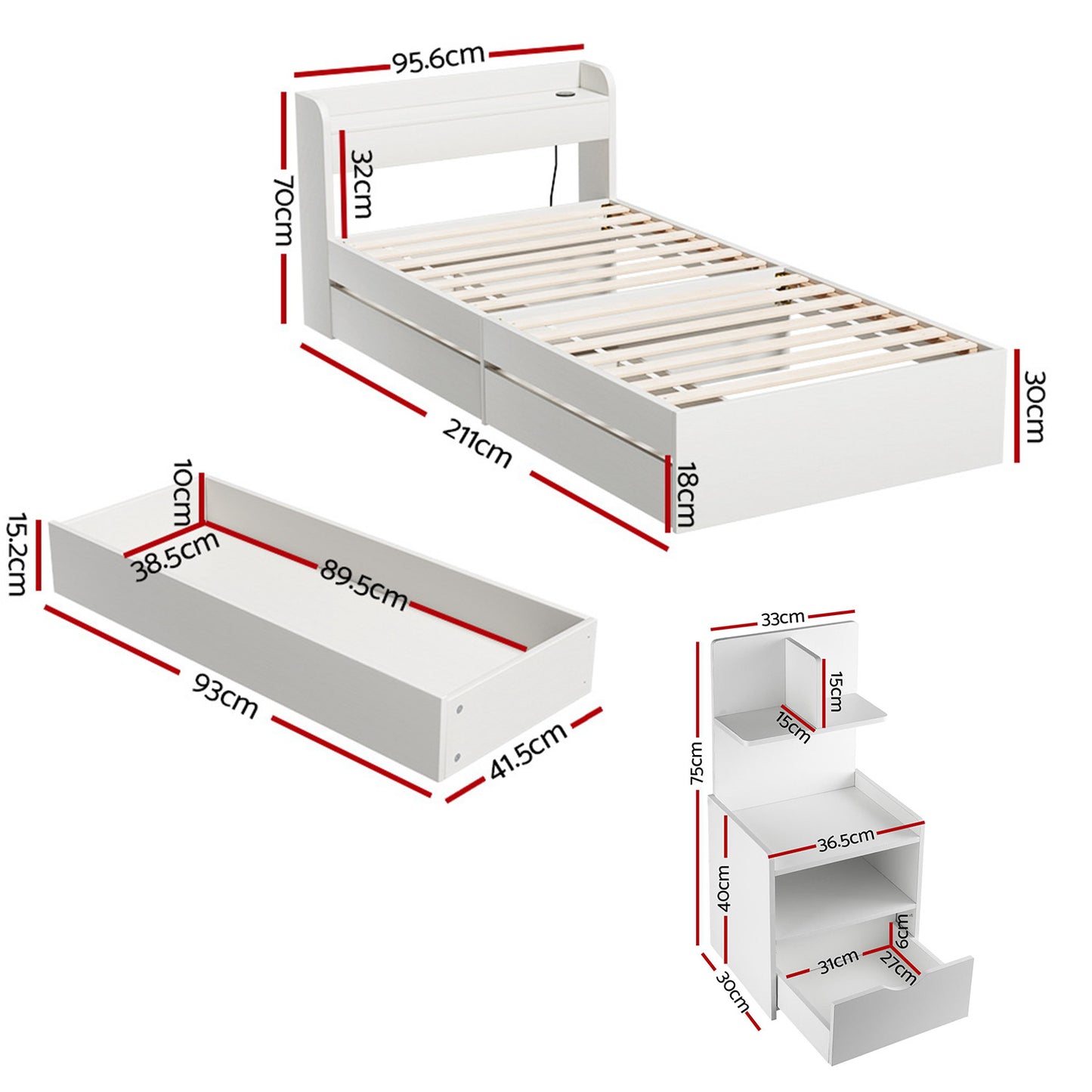 SereneAura Bedroom Set – Bed Frame + Bedside Drawer
