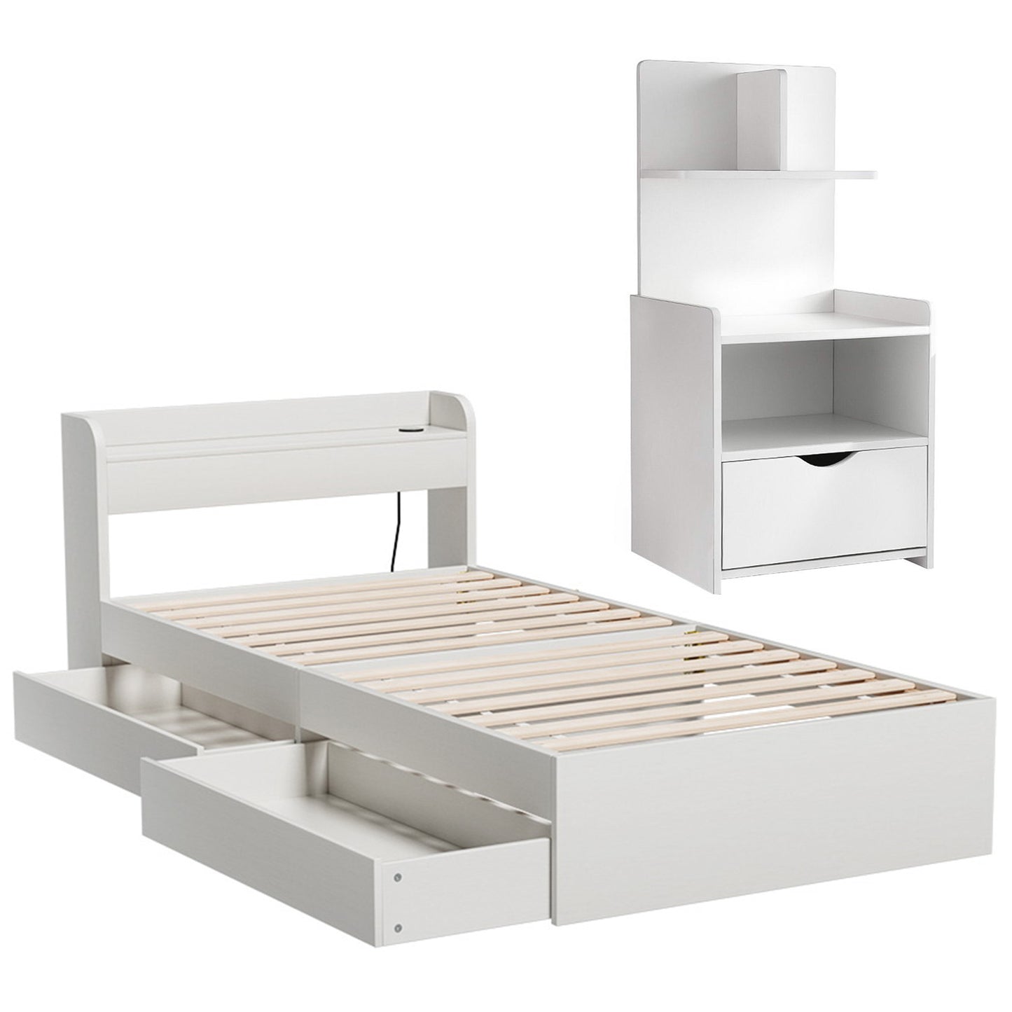 SereneAura Bedroom Set – Bed Frame + Bedside Drawer