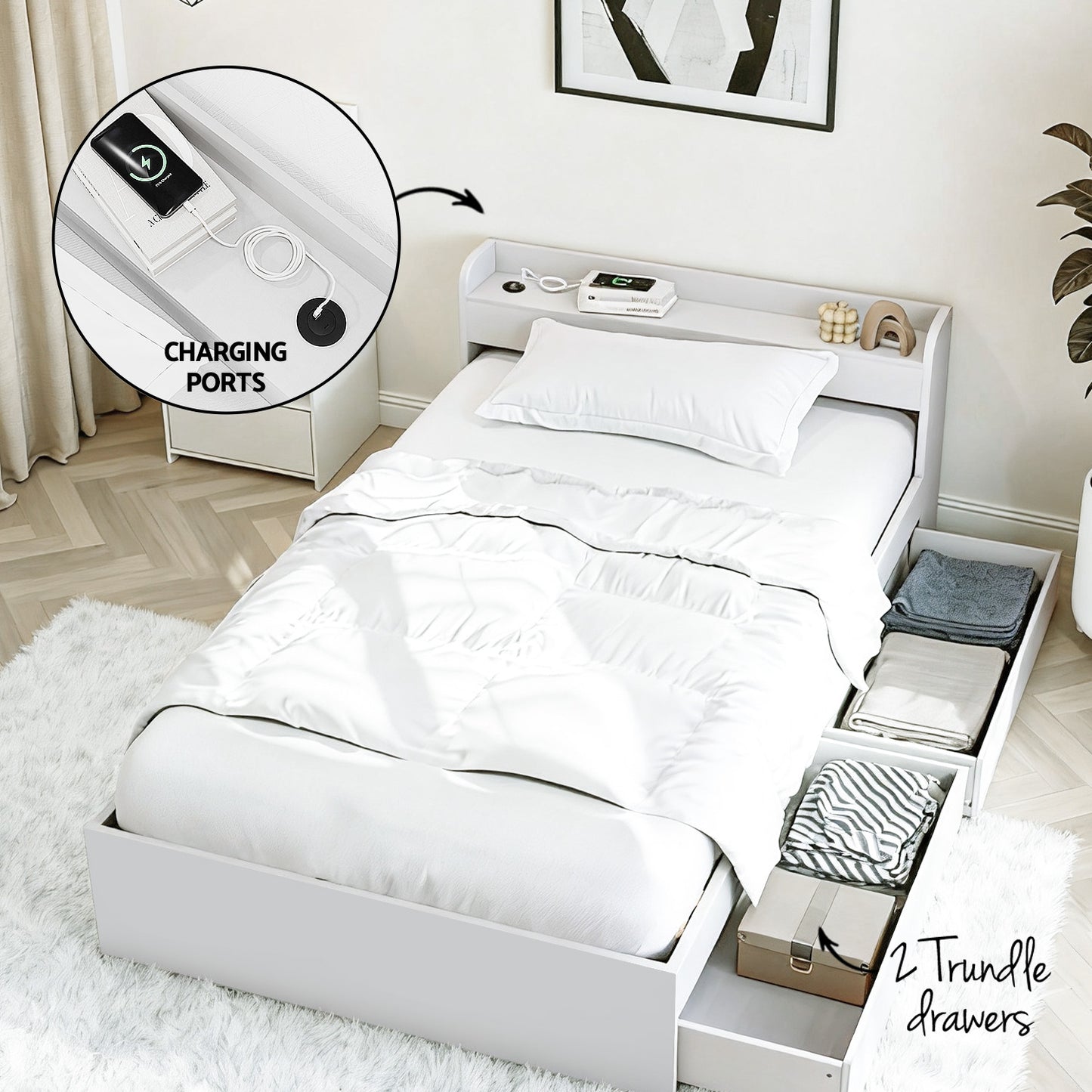 SereneAura Bedroom Set – Bed Frame + Bedside Drawer