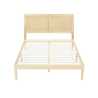 Artiss Bed Frame Double Size with Rattan Headboard Wooden Bed Base BRUNO