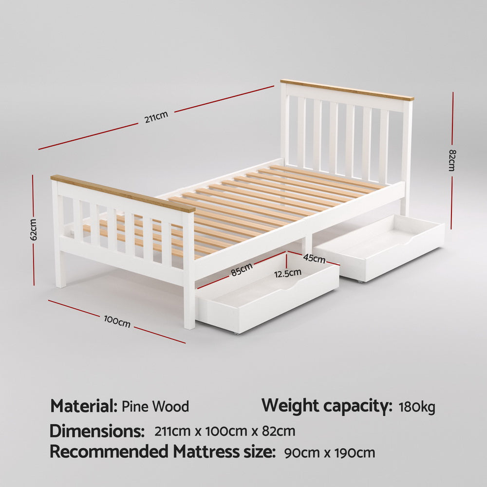 Pony Single Wooden Bed Frame with Storage – White