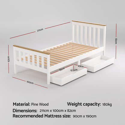 Pony Single Wooden Bed Frame with Storage – White