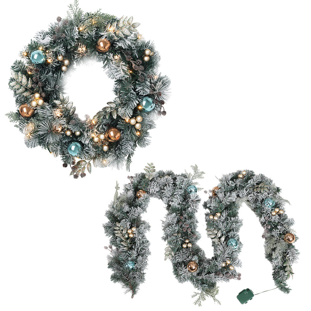 2.7M Snowy Christmas Garland with Wreath Set LED Lights