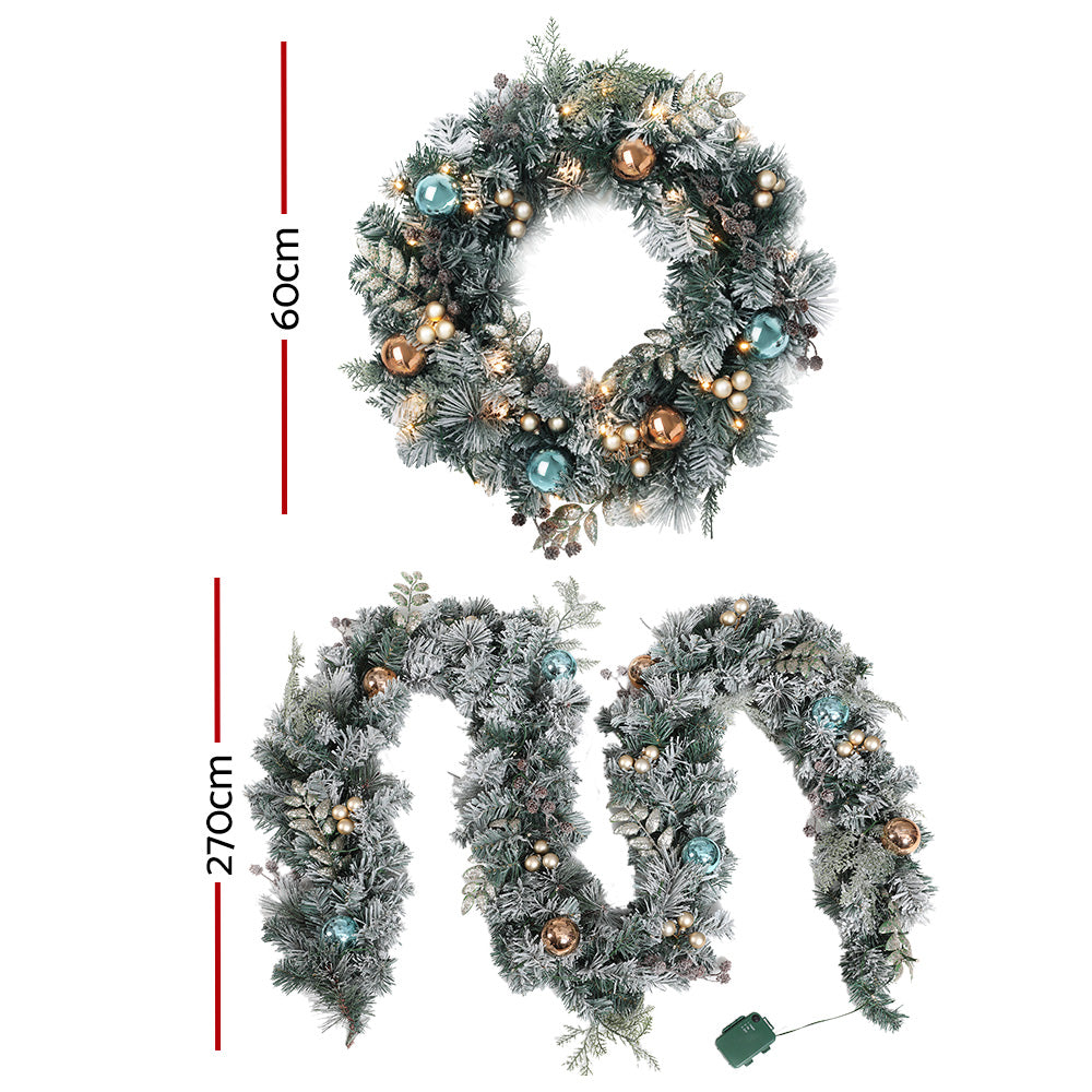 2.7M Snowy Christmas Garland with Wreath Set LED Lights