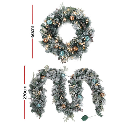 2.7M Snowy Christmas Garland with Wreath Set LED Lights