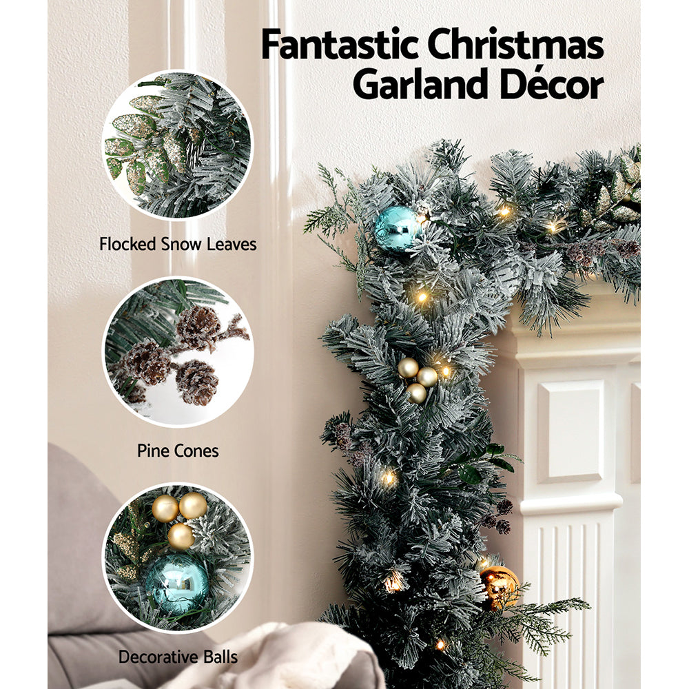 2.7M Snowy Christmas Garland with Wreath Set LED Lights