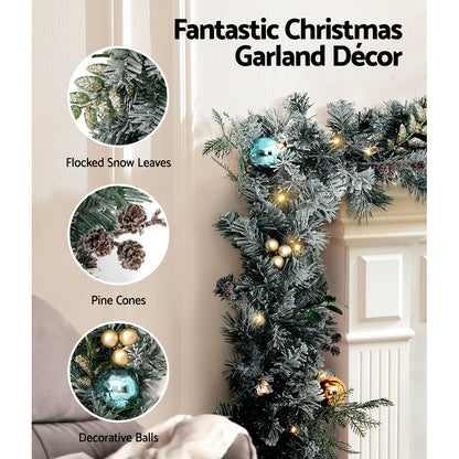 2.7M Snowy Christmas Garland with Wreath Set LED Lights