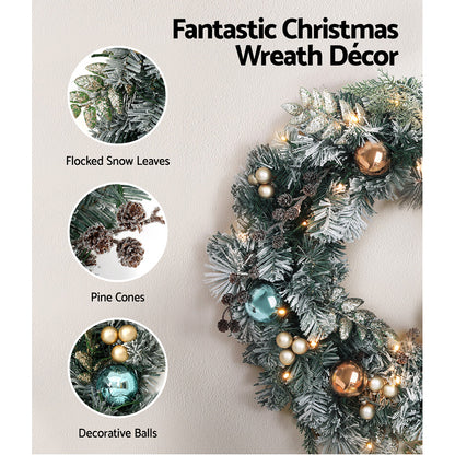 2.7M Snowy Christmas Garland with Wreath Set LED Lights