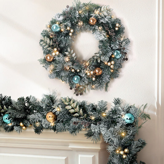 2.7M Snowy Christmas Garland with Wreath Set LED Lights