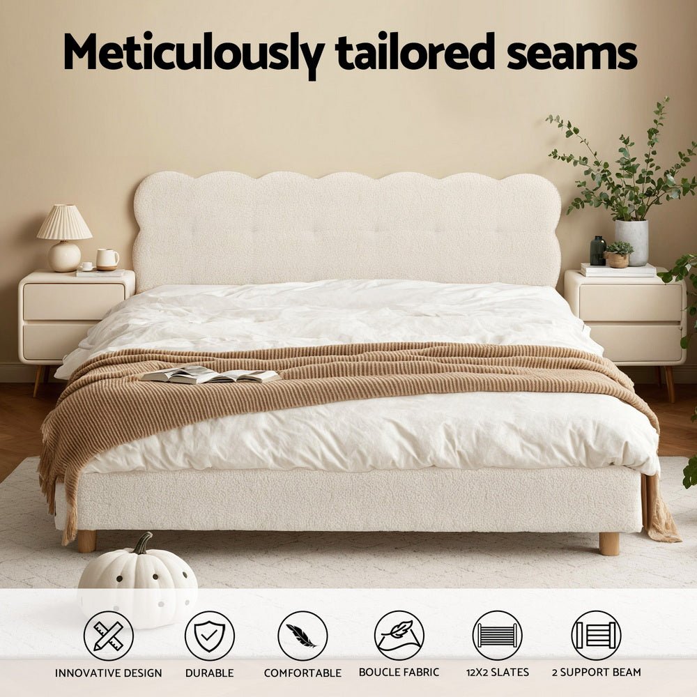 Artiss Queen Bed Frame Cloud Headboard Boucle Fabric Mattress Platform Base White - OZ Home Deals