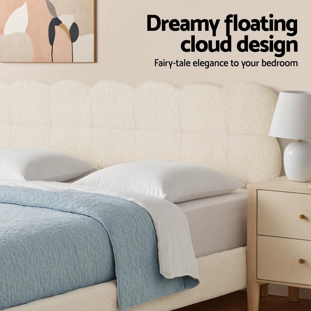Artiss Queen Bed Frame Cloud Headboard Boucle Fabric Mattress Platform Base White - OZ Home Deals