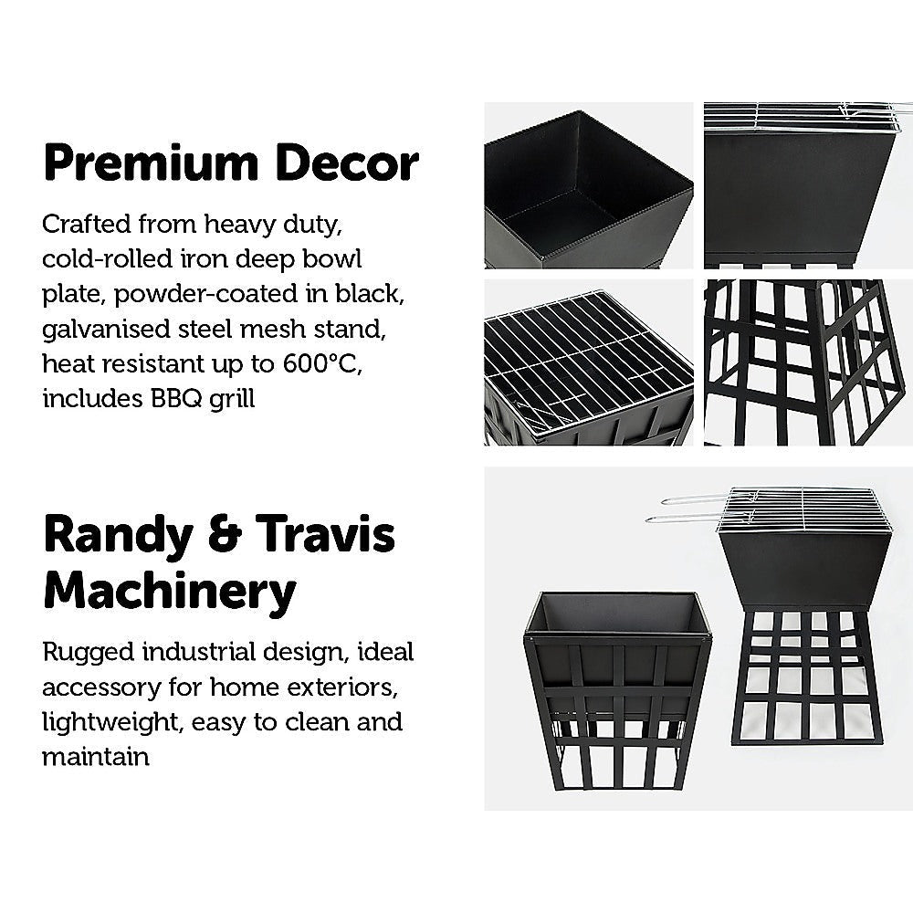Black Fire Pit Square Log Patio Garden Heater Outdoor Table Top BBQ Camping - OZ Home Deals