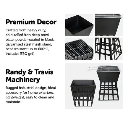 Black Fire Pit Square Log Patio Garden Heater Outdoor Table Top BBQ Camping - OZ Home Deals