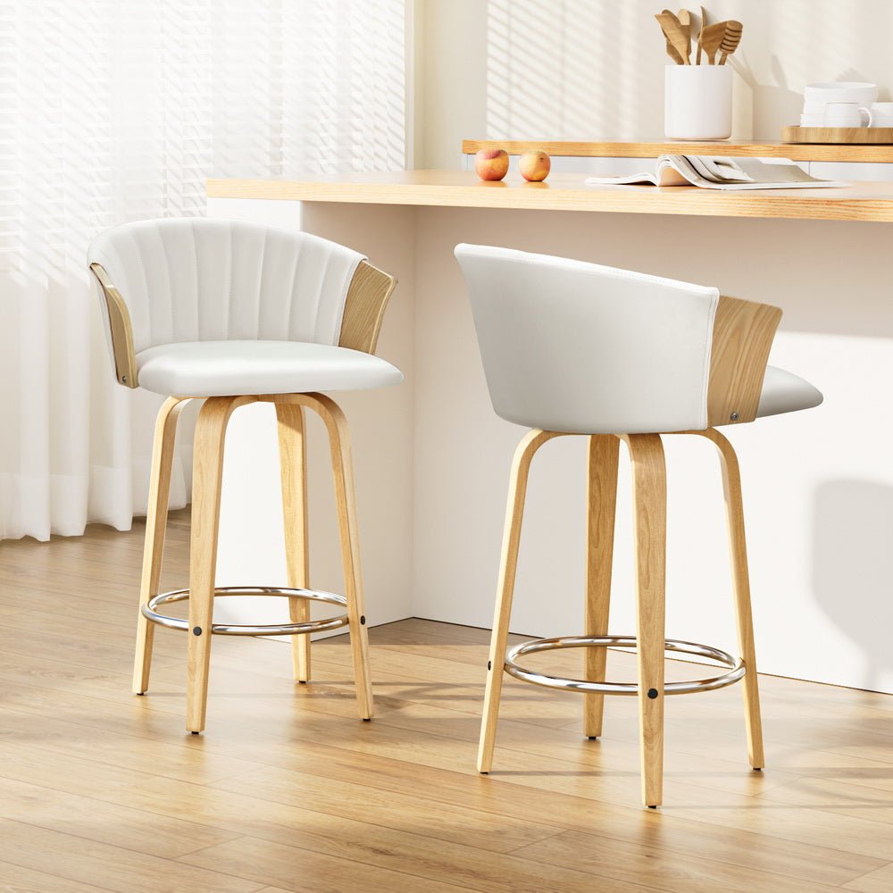 Coogee 2-Piece Bentwood Bar Stools – White PU Leather, 66cm - OZ Home Deals