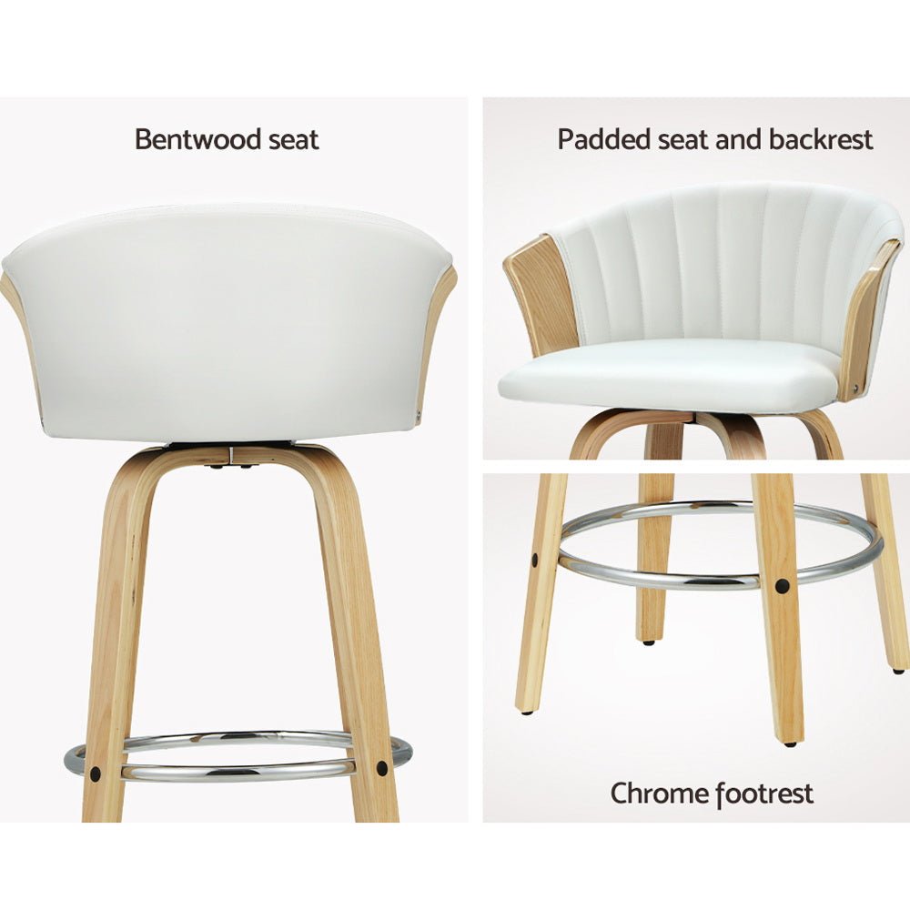 Coogee 2-Piece Bentwood Bar Stools – White PU Leather, 66cm - OZ Home Deals