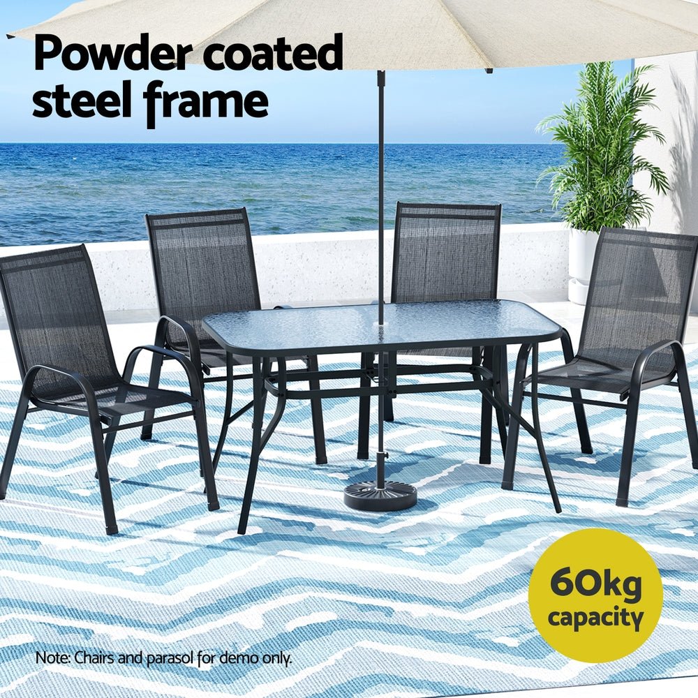 Gardeon 140CM Outdoor Dining Table Steel Frame Tempered Glass Parasol Hole Black - OZ Home Deals