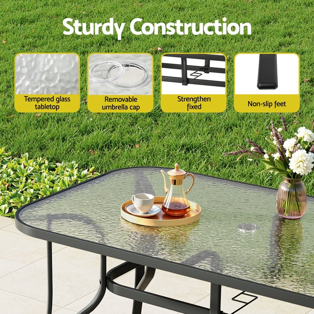 Gardeon 140CM Outdoor Dining Table Steel Frame Tempered Glass Parasol Hole Black - OZ Home Deals