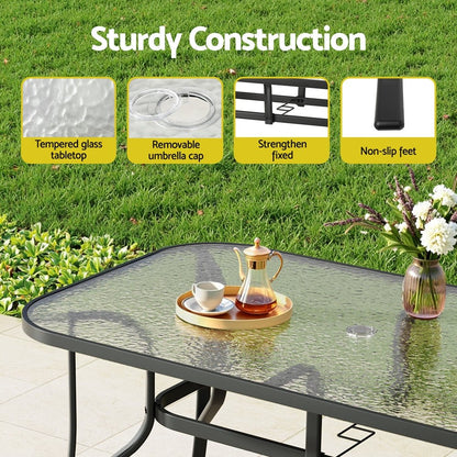 Gardeon 140CM Outdoor Dining Table Steel Frame Tempered Glass Parasol Hole Black - OZ Home Deals