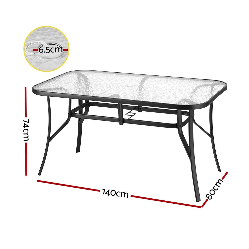 Gardeon 140CM Outdoor Dining Table Steel Frame Tempered Glass Parasol Hole Black - OZ Home Deals