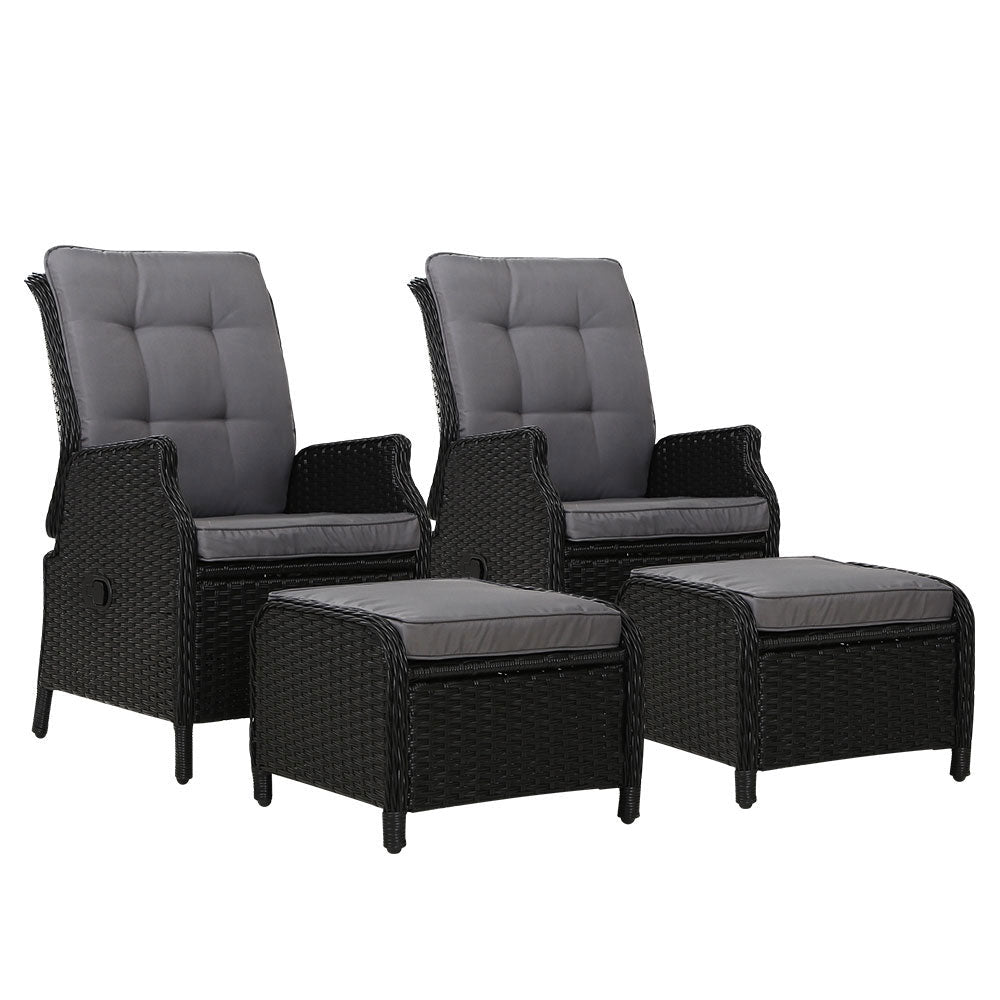 Gardeon 2PC Recliner Chair Sun lounge Wicker Lounger Outdoor Furniture Adjustable Black - OZ Home Deals