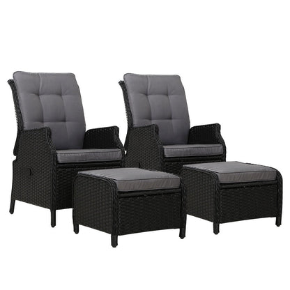 Gardeon 2PC Recliner Chair Sun lounge Wicker Lounger Outdoor Furniture Adjustable Black - OZ Home Deals