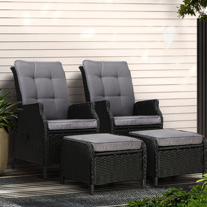 Gardeon 2PC Recliner Chair Sun lounge Wicker Lounger Outdoor Furniture Adjustable Black - OZ Home Deals