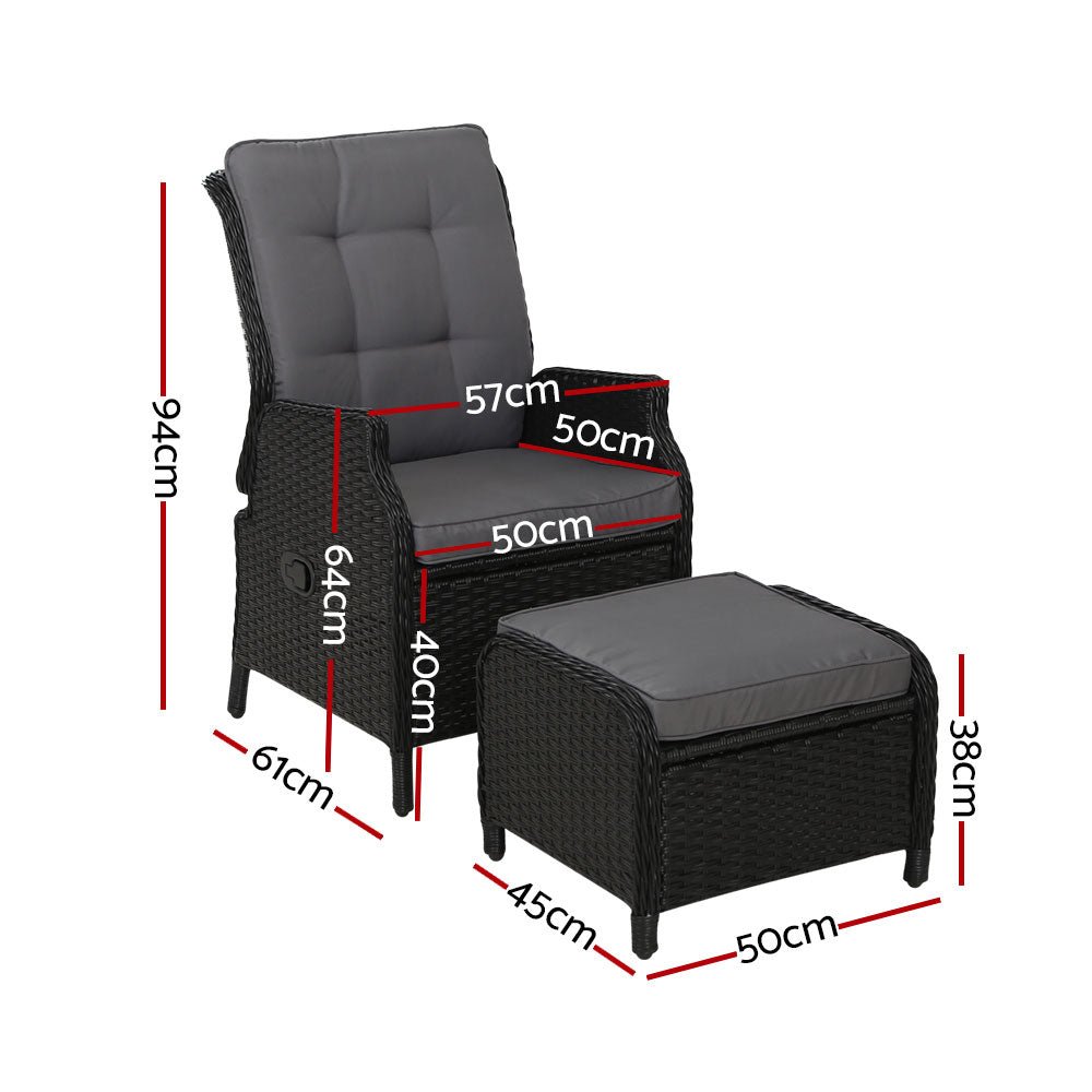 Gardeon 2PC Recliner Chair Sun lounge Wicker Lounger Outdoor Furniture Adjustable Black - OZ Home Deals