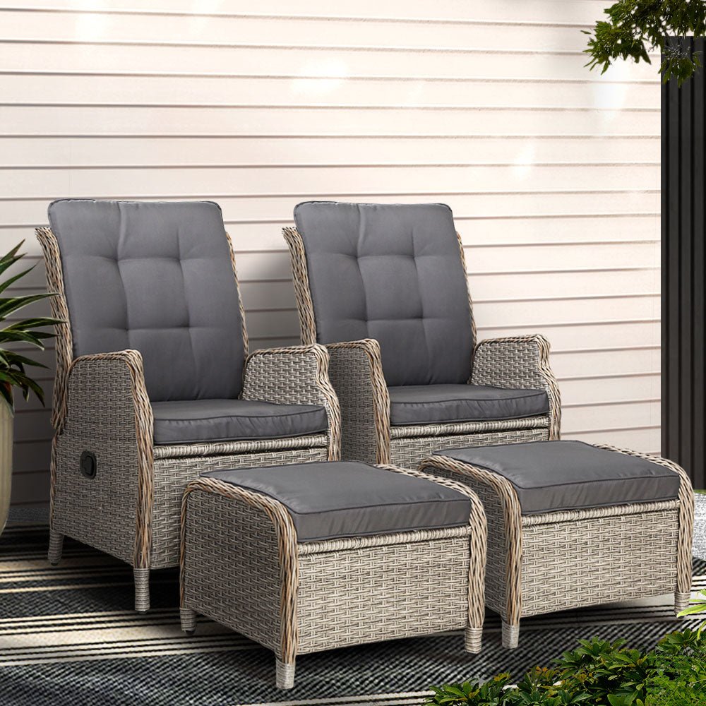 Gardeon 2PC Recliner Chair Sun lounge Wicker Lounger Outdoor Furniture Adjustable Grey - OZ Home Deals