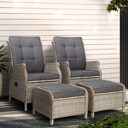 Gardeon 2PC Recliner Chair Sun lounge Wicker Lounger Outdoor Furniture Adjustable Grey - OZ Home Deals
