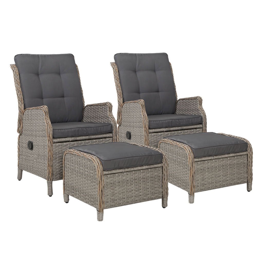 Gardeon 2PC Recliner Chair Sun lounge Wicker Lounger Outdoor Furniture Adjustable Grey - OZ Home Deals