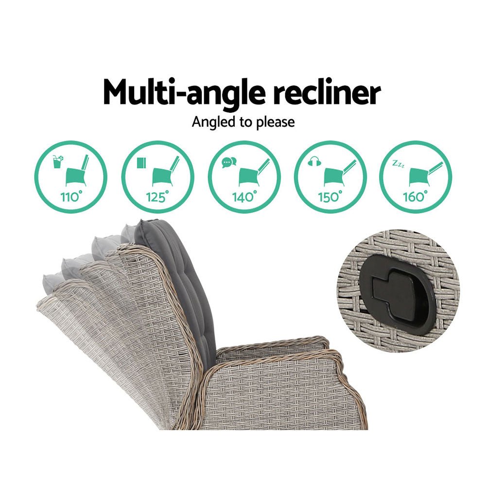 Gardeon 2PC Recliner Chair Sun lounge Wicker Lounger Outdoor Furniture Adjustable Grey - OZ Home Deals