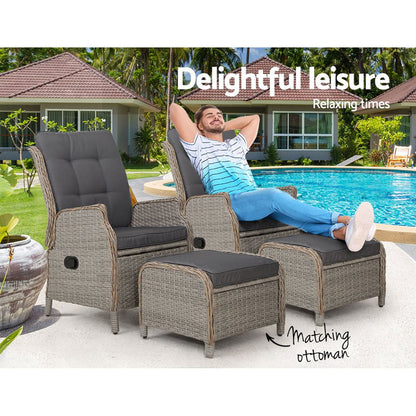 Gardeon 2PC Recliner Chair Sun lounge Wicker Lounger Outdoor Furniture Adjustable Grey - OZ Home Deals